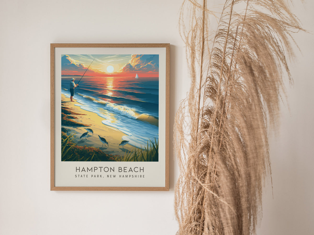 Hampton Beach Matte Border Poster | State Park, New Hampshire Coastal Beach Decor — styled in a modern interior
