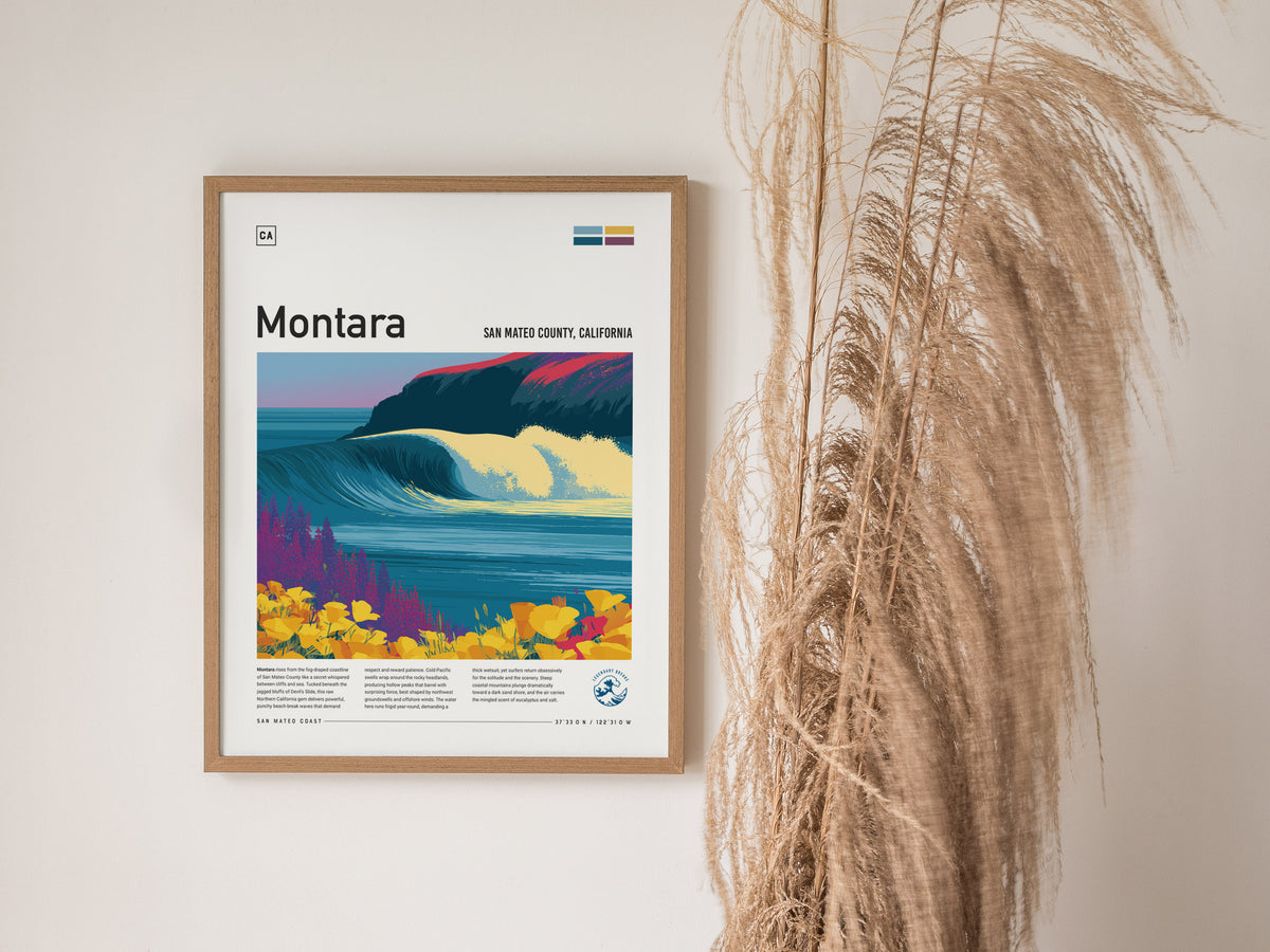Montara, San Mateo County, California Poster | Misty Cliffs & Surf Break Coastal Poster — styled in a modern interior