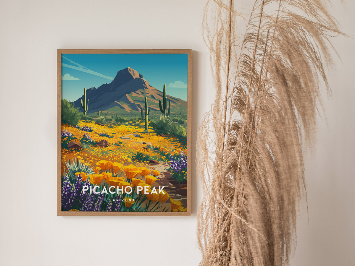 Picacho Peak, Arizona Poster | Desert Wildflower Destination Print Wall Art — styled in a modern interior