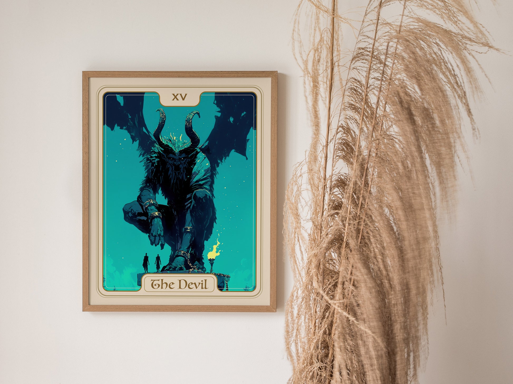 Dark, menacing devil figure from the XV Tarot card, seated on a pedestal, surrounded by deep blues and stars, embodies temptation.