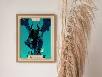 Dark, menacing devil figure from the XV Tarot card, seated on a pedestal, surrounded by deep blues and stars, embodies temptation.