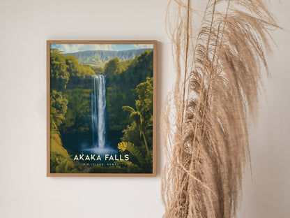 A framed poster of Akaka Falls hangs on a light-colored wall, showcasing a lush green landscape with a waterfall. Decorative pampas grass is positioned to the right.