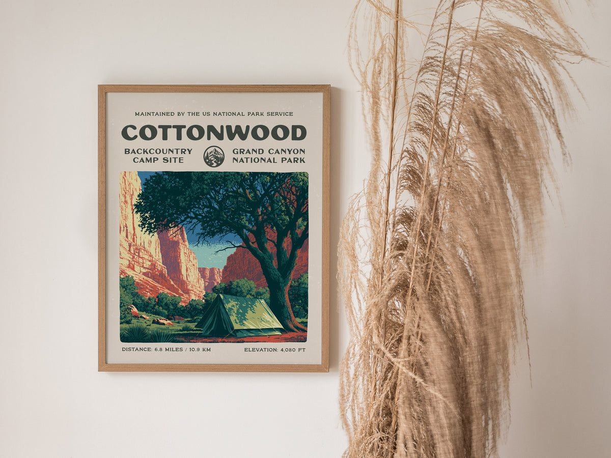 Cottonwood Camp, Grand Canyon National Park Poster | Camper Gift | Backcountry Canyon Trail Wall Art — styled in a modern int