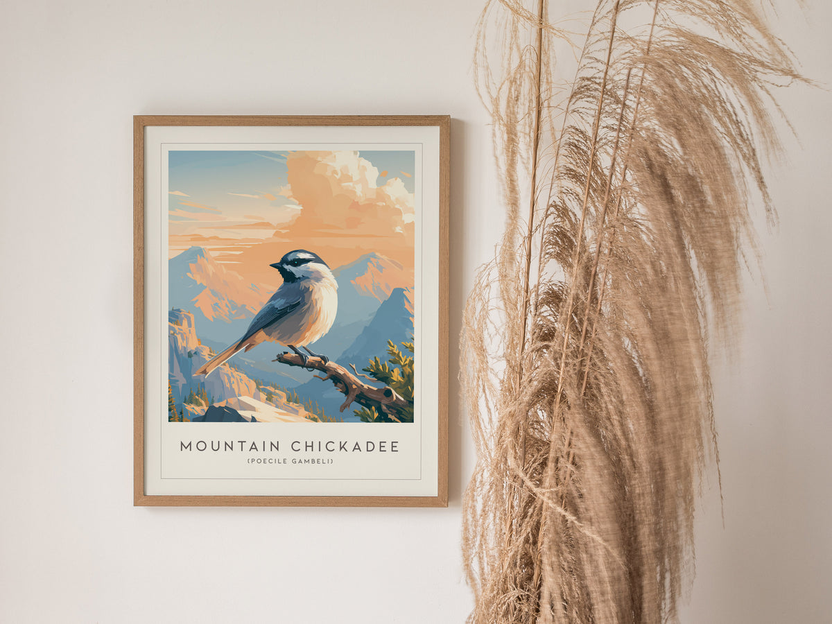 Mountain Chickadee, Poecile gambeli Poster | Bold Birder Gift Nature Wall Art — styled in a modern interior