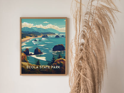 A framed art print of Ecola State Park featuring lush green headlands, rugged cliffs, and the Pacific Ocean. Decorative dried grass stands beside the artwork.
