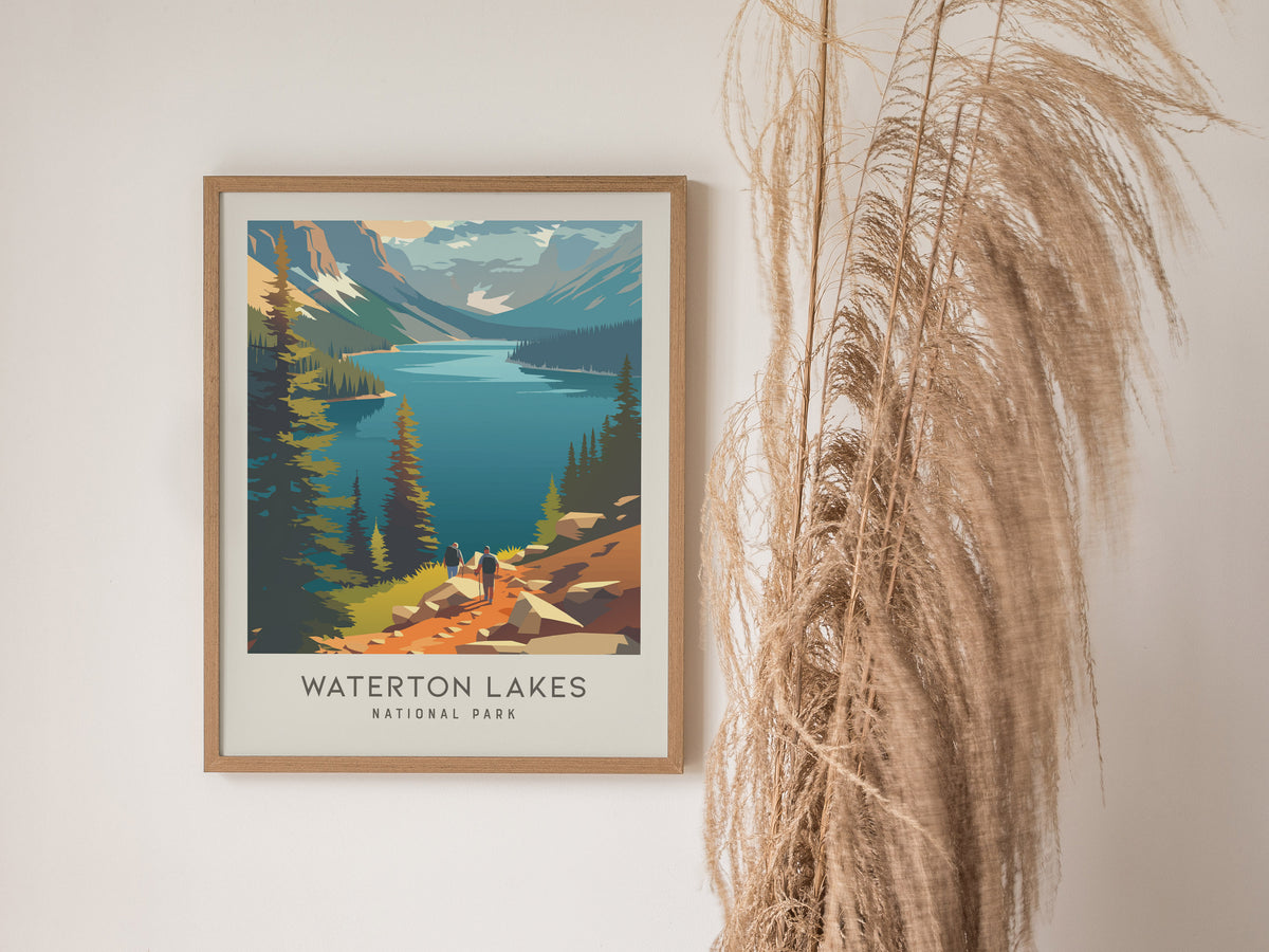 Waterton Lakes Matte Border Poster | National Park Travel Wall Art — styled in a modern interior