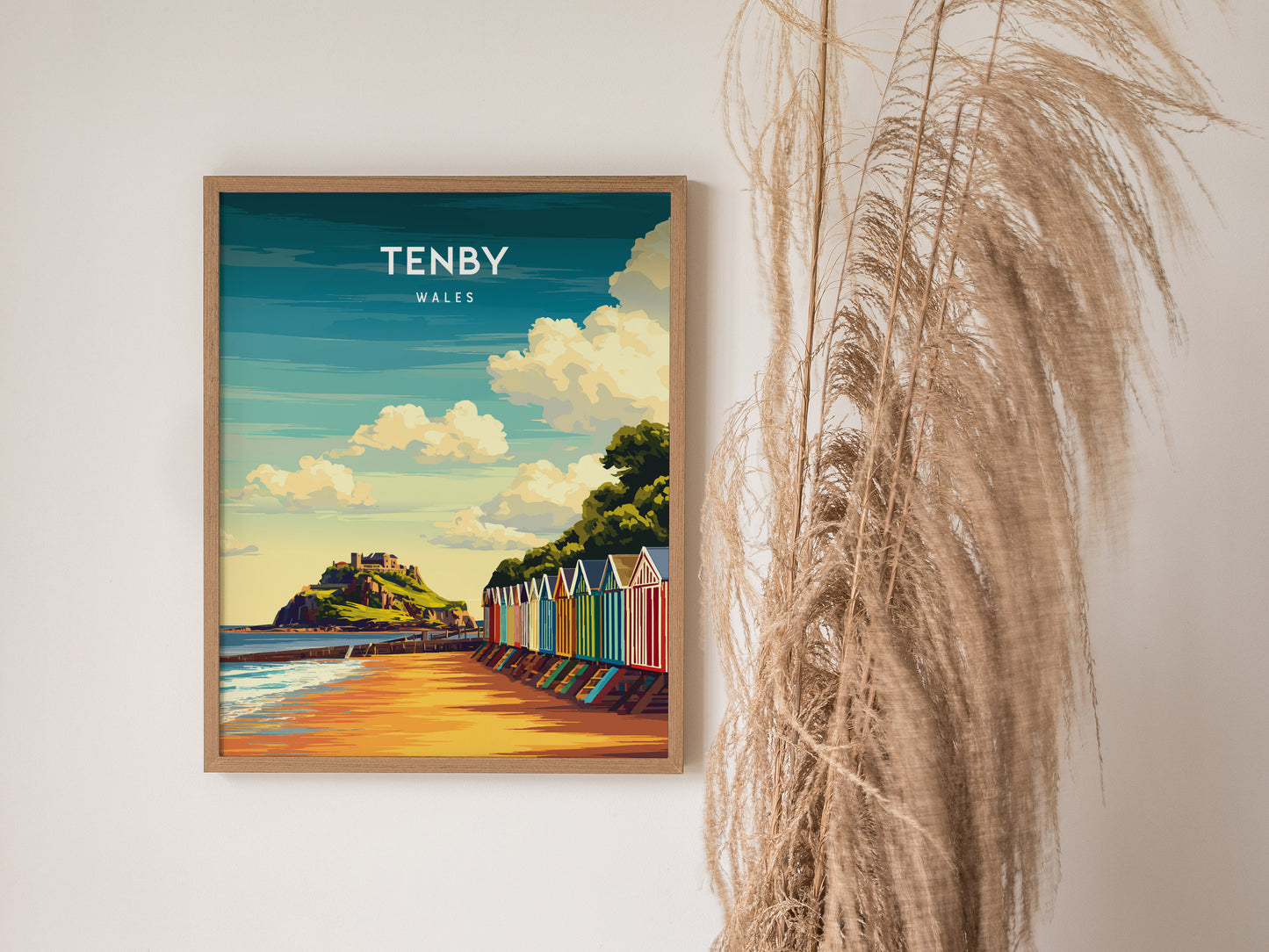 Tenby, Wales Poster | Pastel Harbour & Coastal Cliffs Wall Art — styled in a modern interior