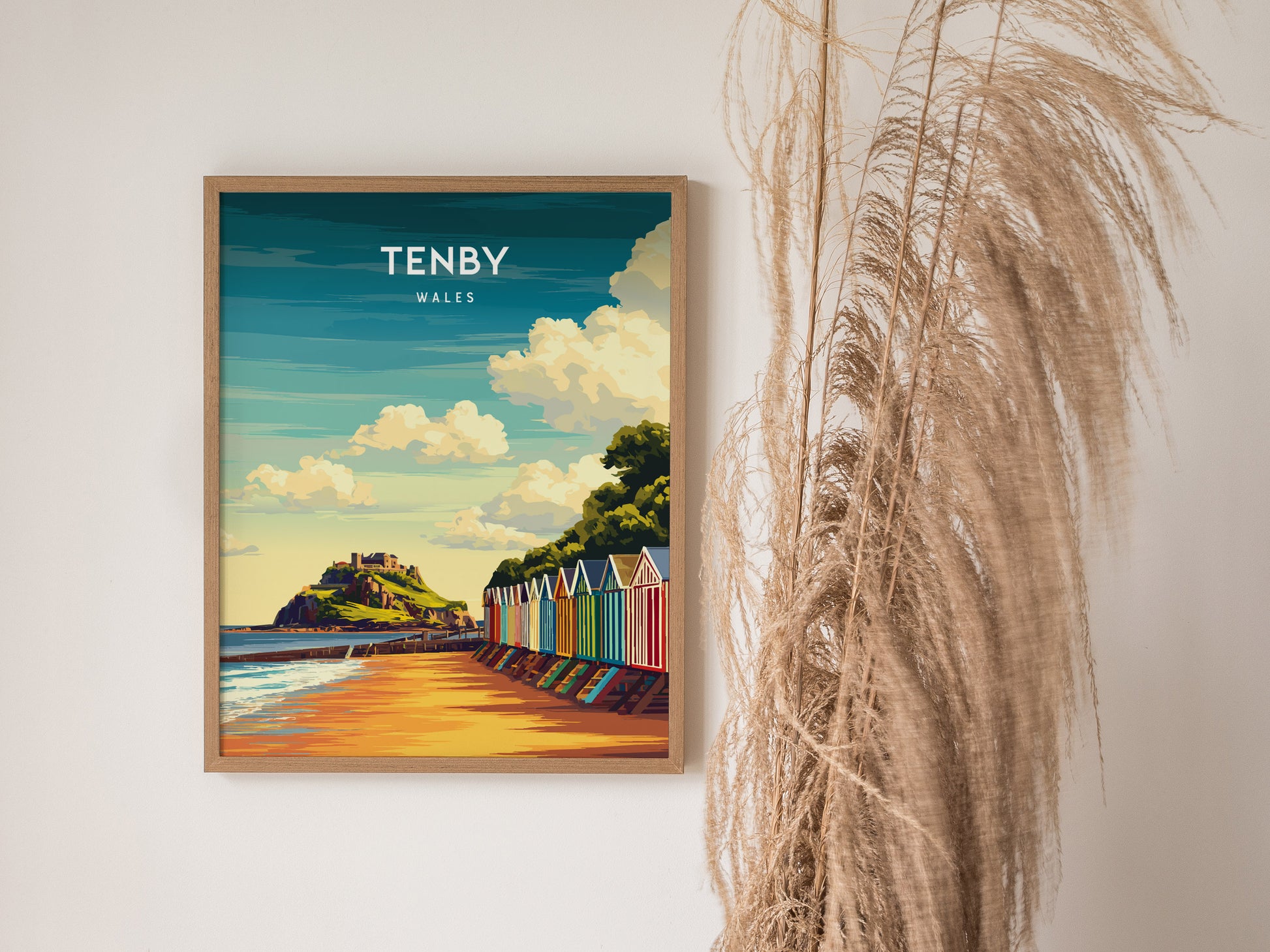 Tenby, Wales Poster | Pastel Harbour & Coastal Cliffs Wall Art — styled in a modern interior
