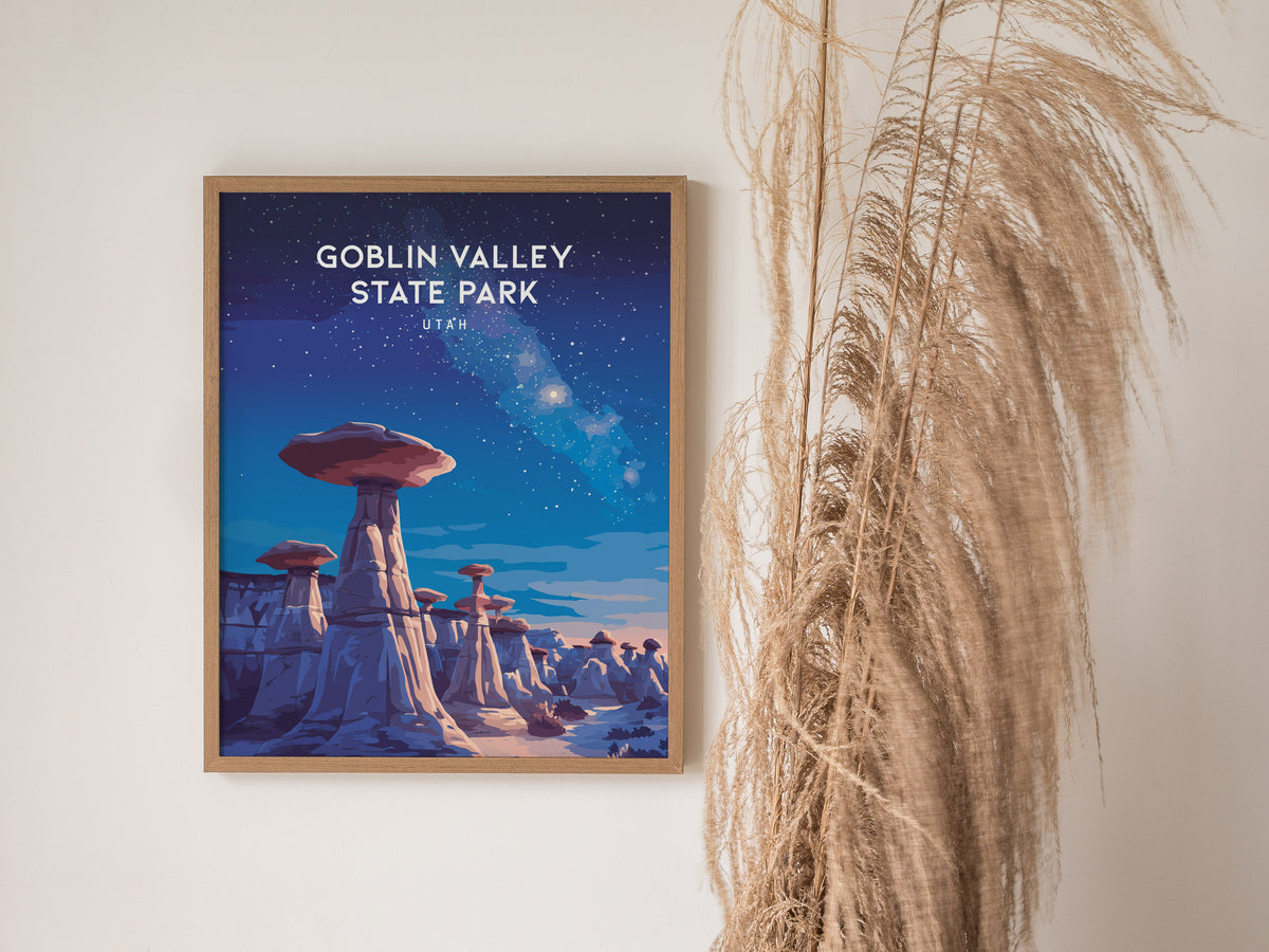 Goblin Valley State Park, Utah Poster | Desert Adventure Framed or Unframed Wall Art — styled in a modern interior