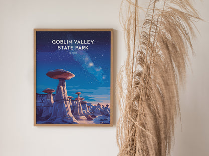 Goblin Valley State Park, Utah Poster | Desert Adventure Framed or Unframed Wall Art — styled in a modern interior