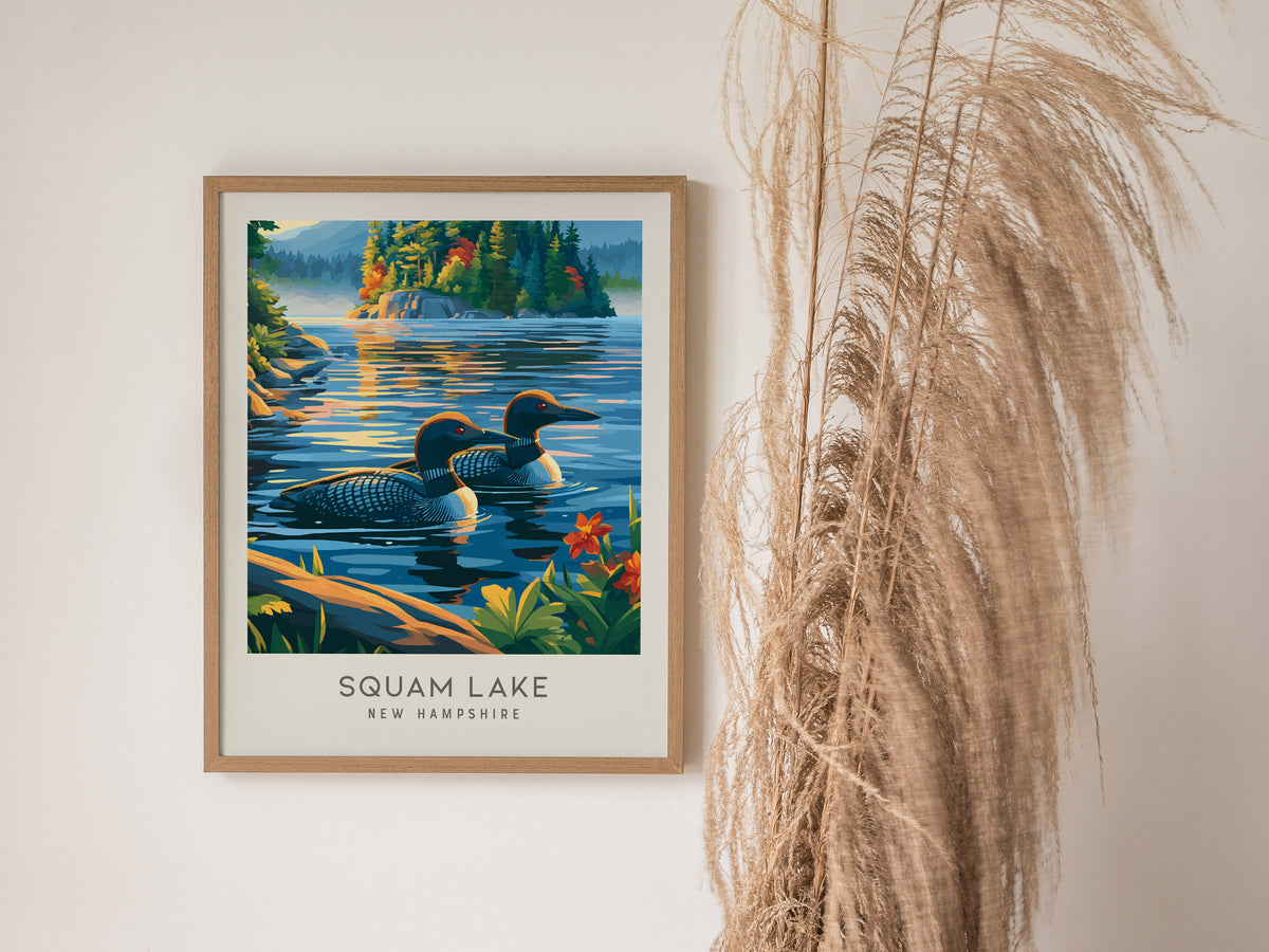 Squam Lake Matte Border Poster | New Hampshire Vacation Wall Art — styled in a modern interior