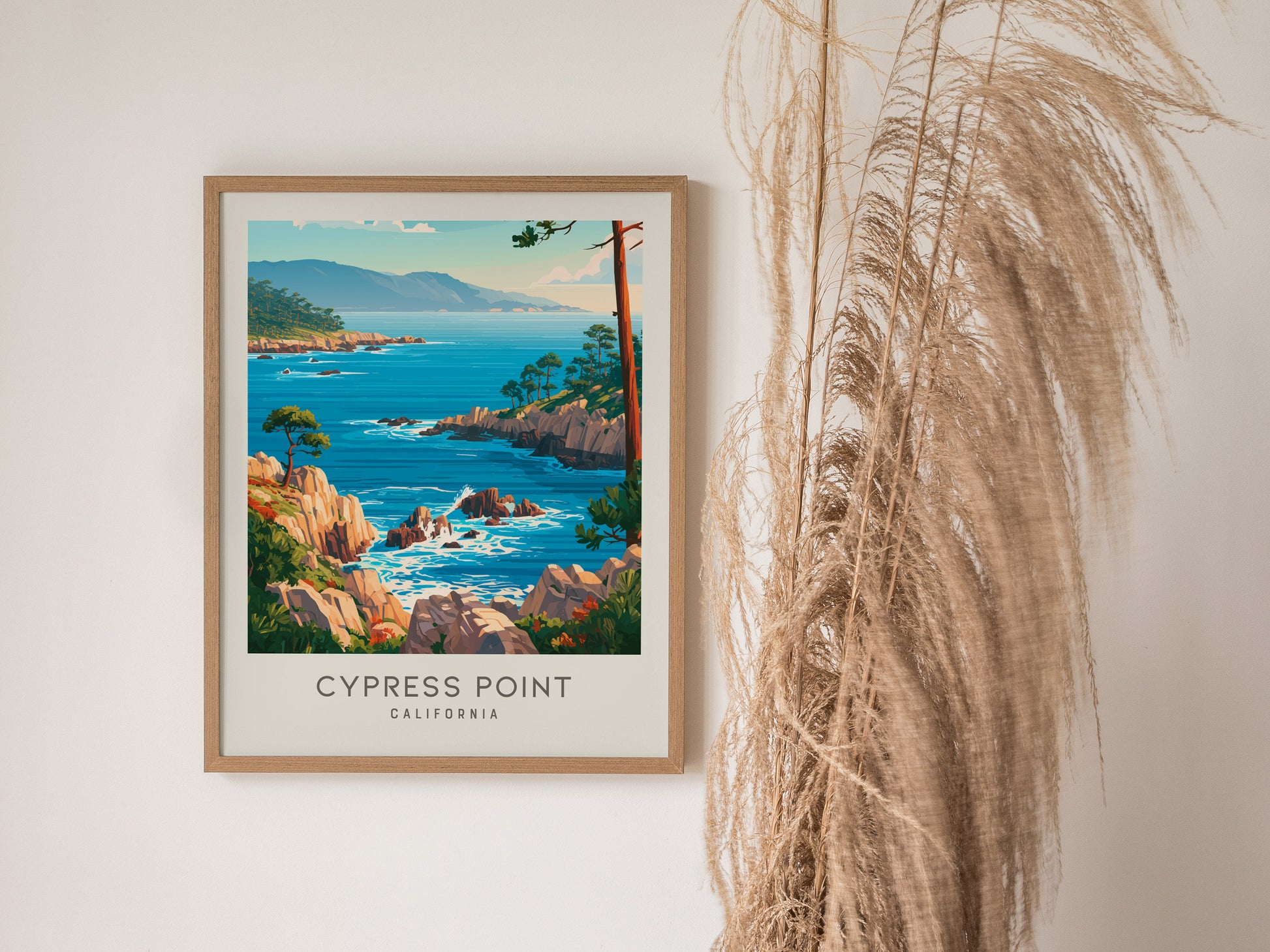 Cypress Point Matte Border Poster | California Vacation Wall Art Beach House Decor — styled in a modern interior
