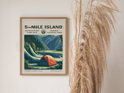 5-Mile Island, Olympic National Park Poster | Hiker Gift | Rainforest River Backcountry Wall Art — styled in a modern interio