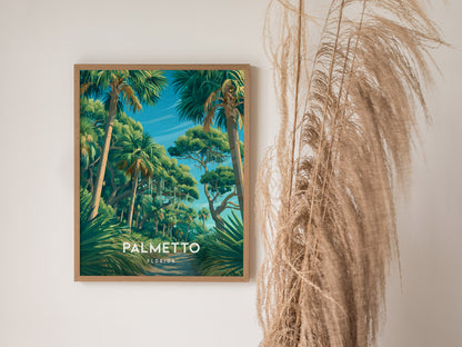 Palmetto, Florida Poster | River Town & Palms Coastal Wall Art — styled in a modern interior