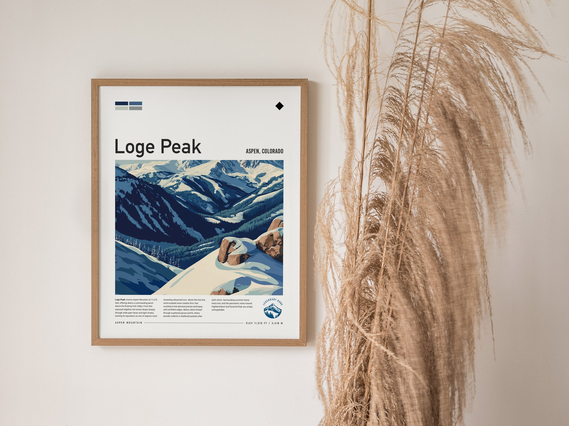 Loge Peak, Aspen, Colorado Poster | Alpine Print Ski Lodge Decor Wall Art — styled in a modern interior