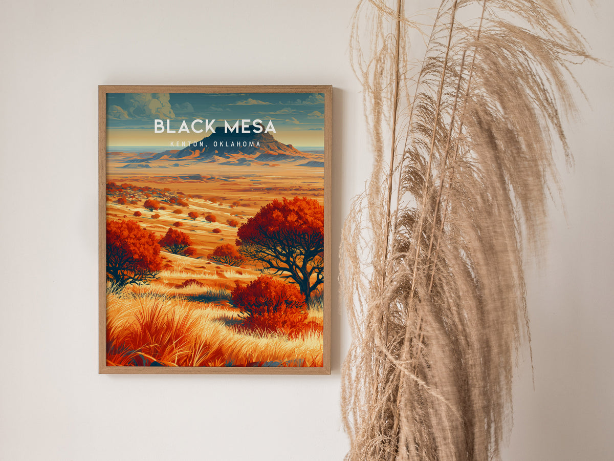 Black Mesa, Kenton, Oklahoma Poster | Western Prairie Adventure Wall Art — styled in a modern interior