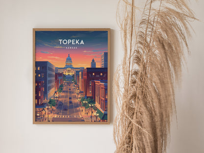 Topeka, Kansas Poster | Heartland Capitol Skyline Travel Wall Art — styled in a modern interior