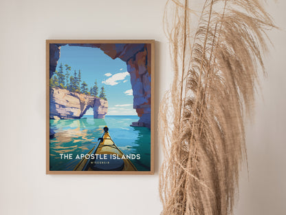 Framed Apostle Islands kayak adventure poster with vibrant blues, a yellow kayak, and rock formations, perfect travel art for nature lovers.