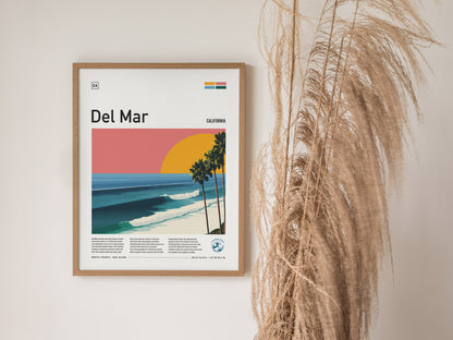Framed Del Mar Beach poster featuring a vibrant California sunset, palm trees, and waves in retro surf art style.