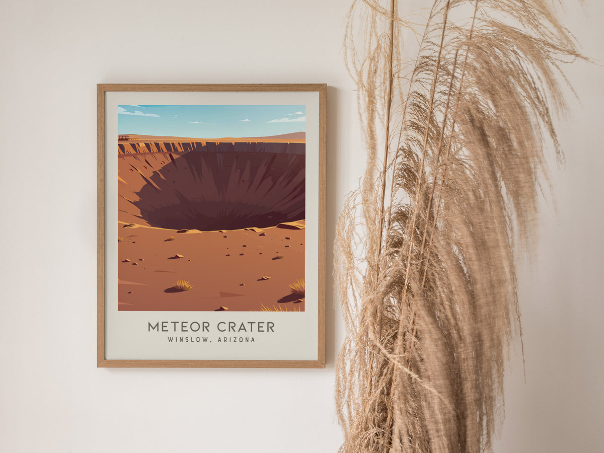 Meteor Crater Matte Border Poster | Winslow, Arizona Destination Print — styled in a modern interior