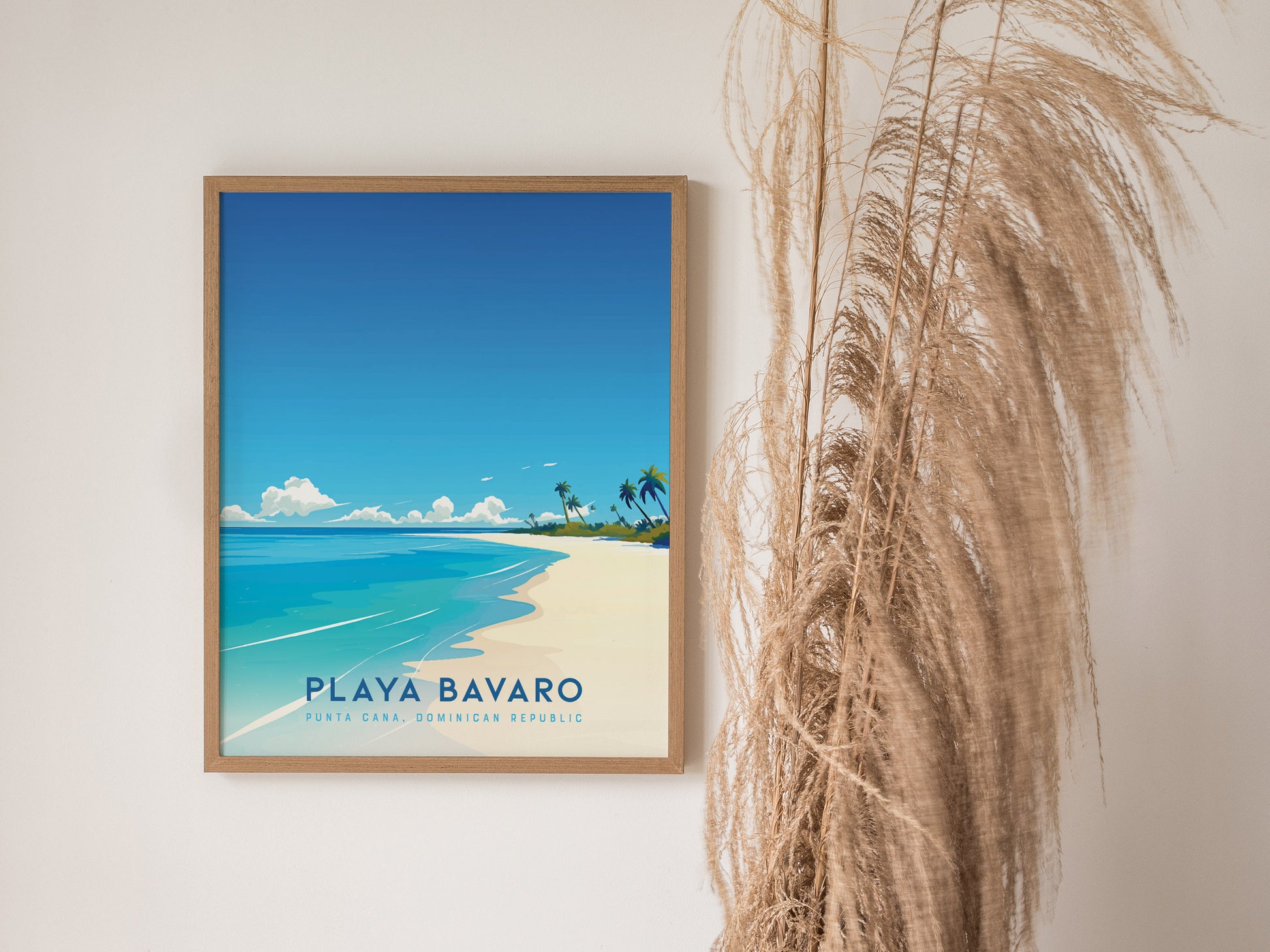 Framed Punta Cana Beach poster featuring Playa Bavaro with vibrant blues, sandy beige, and lush greens, evoking tropical travel art.