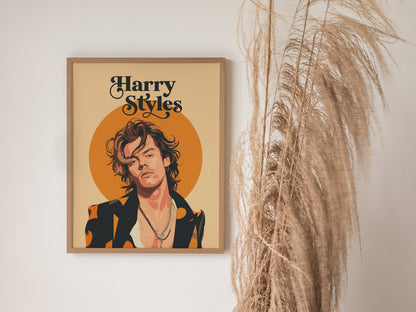 A framed poster of Harry Styles with layered necklaces and a chic jacket is displayed next to decorative dried grasses. The background features warm orange tones.