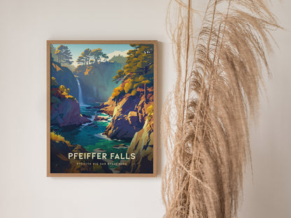 A framed poster of Pfeiffer Falls with a colorful illustration of a waterfall and trees is displayed on a wall next to tall, dried grasses.
