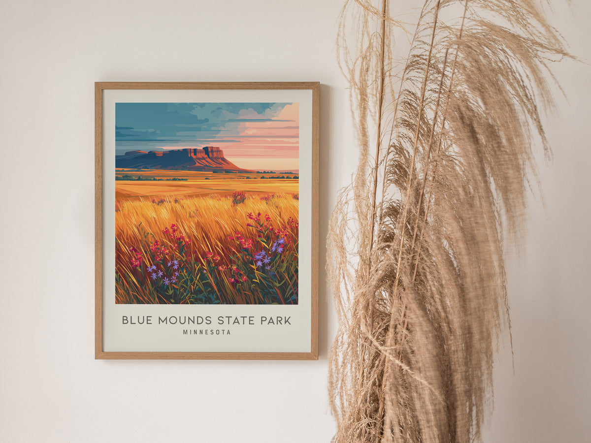 Blue Mounds State Park Matte Border Poster | Minnesota Destination Print & Vacation Wall Art — styled in a modern interior