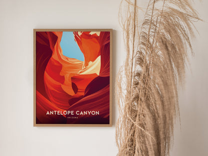 A framed Antelope Canyon poster with vibrant red and orange sandstone formations hangs on a white wall, accompanied by tall.