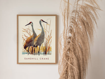 A framed poster of two sandhill cranes standing in marshland is displayed on a wall next to tall, dried grasses.
