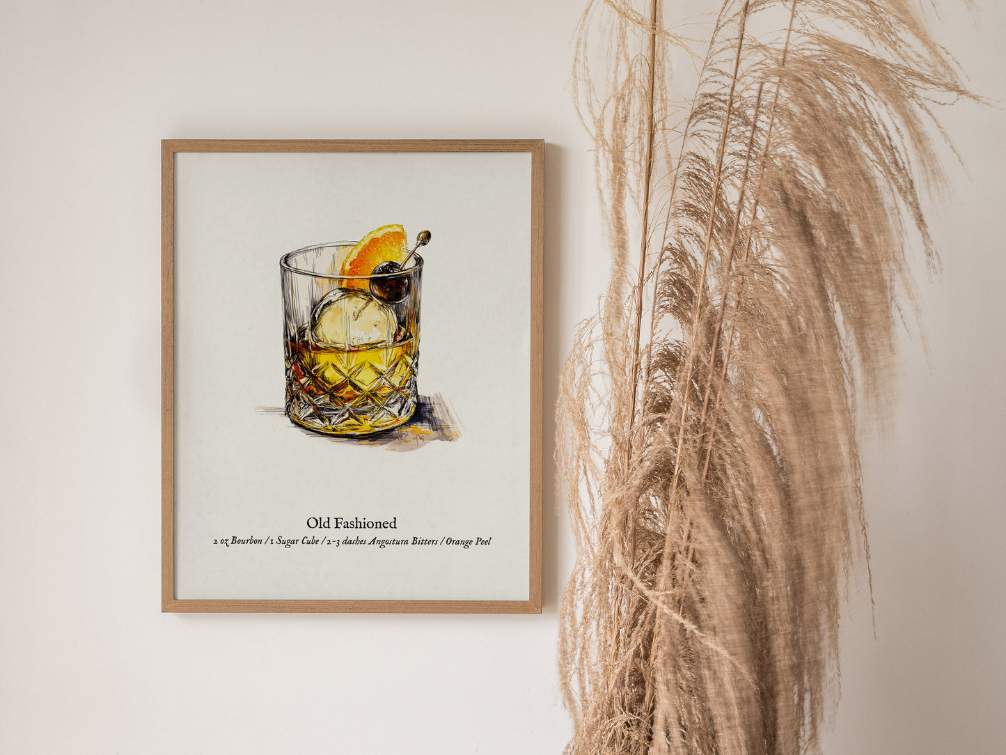 Old Fashioned Cocktail Poster | Vintage Pen & Ink Scientific Illustration Wall Art — styled in a modern interior