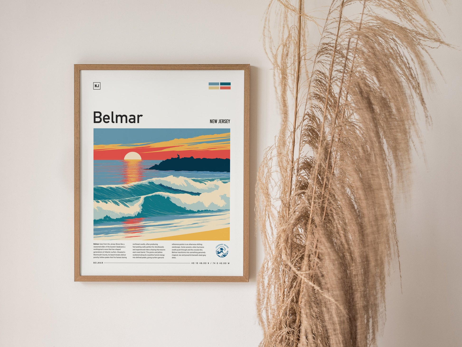Belmar, New Jersey Poster | Surf & Boardwalk Coastal Wall Art — styled in a modern interior