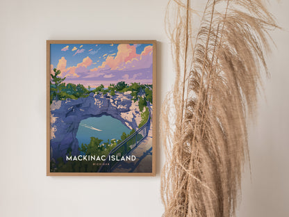 A framed poster of Mackinac Islands Arch Rock hangs on a wall, depicting a vibrant landscape with cliffs, trees, and a blue lake under a colorful sky.