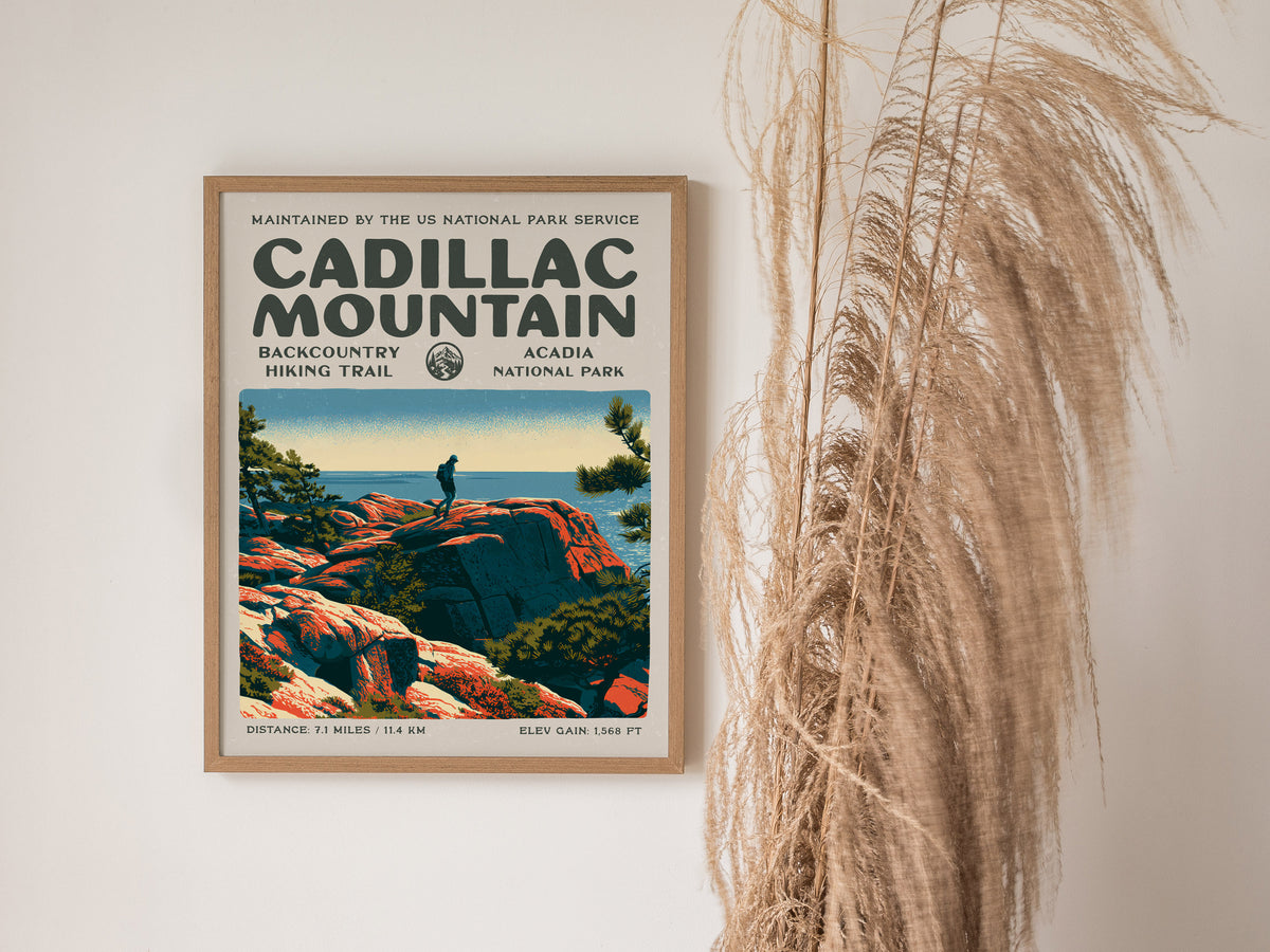 Cadillac Mountain, Acadia National Park Poster | Hiker Gift | Backcountry Trail Block Print Wall Art — styled in a modern int