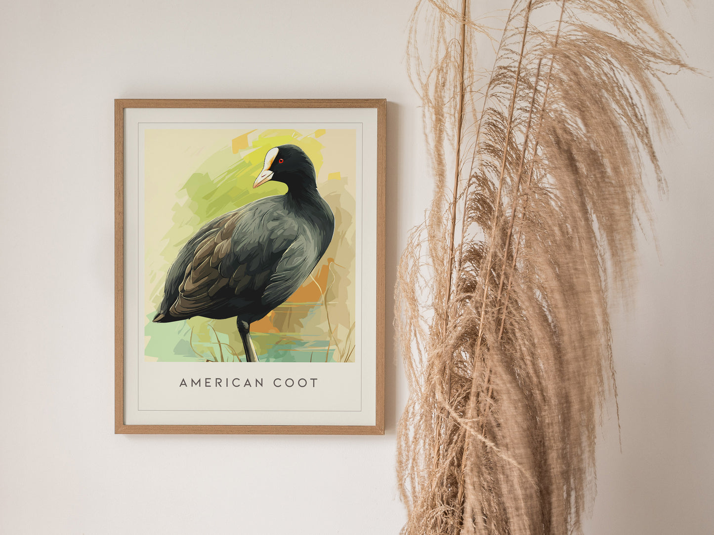 American Coot Poster | Waterbird on a Quiet Marsh Wall Art — styled in a modern interior
