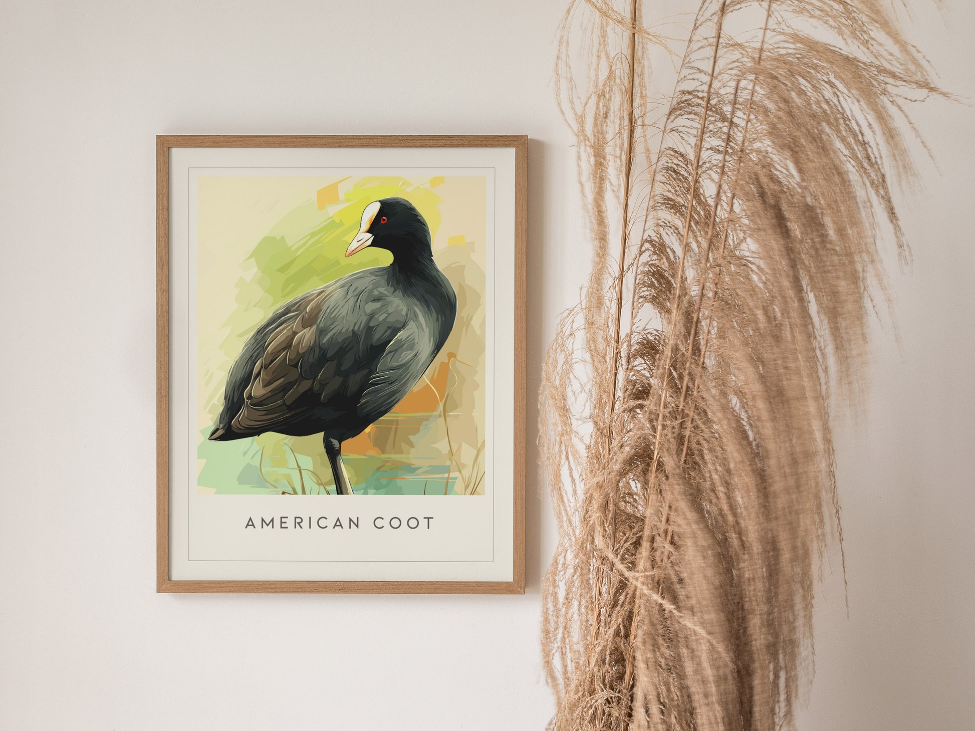 American Coot Poster | Waterbird on a Quiet Marsh Wall Art — styled in a modern interior