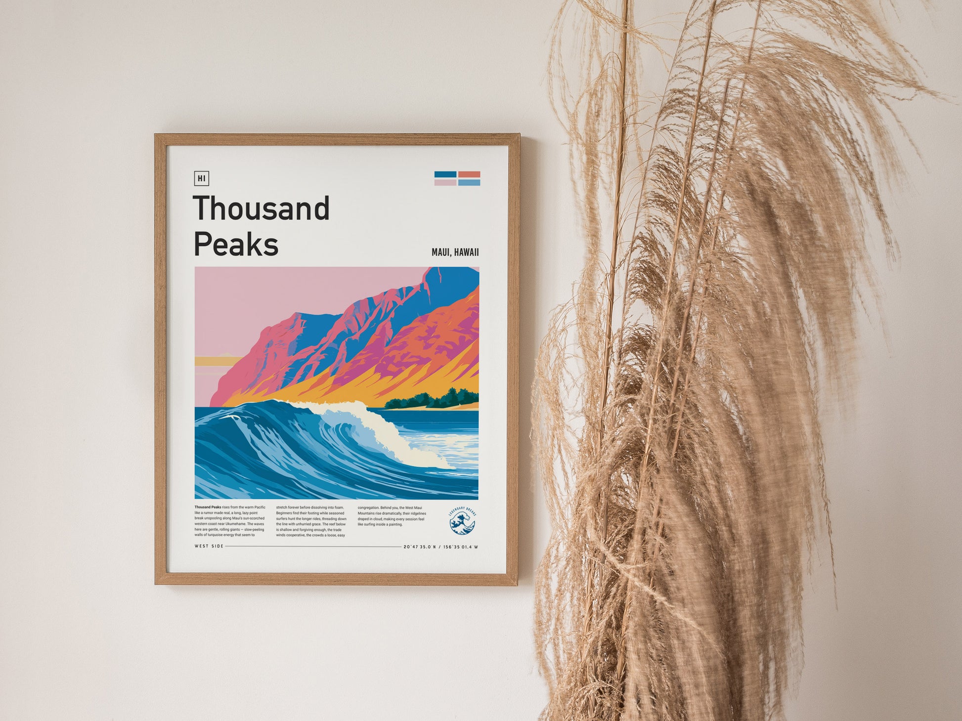 Thousand Peaks, Hawaii Poster | Tropical Surf Break Paradise Wall Art — styled in a modern interior