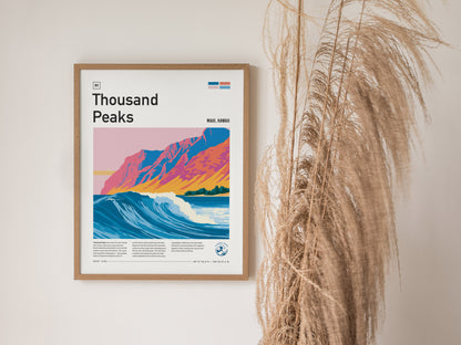 Thousand Peaks, Hawaii Poster | Tropical Surf Break Paradise Wall Art — styled in a modern interior