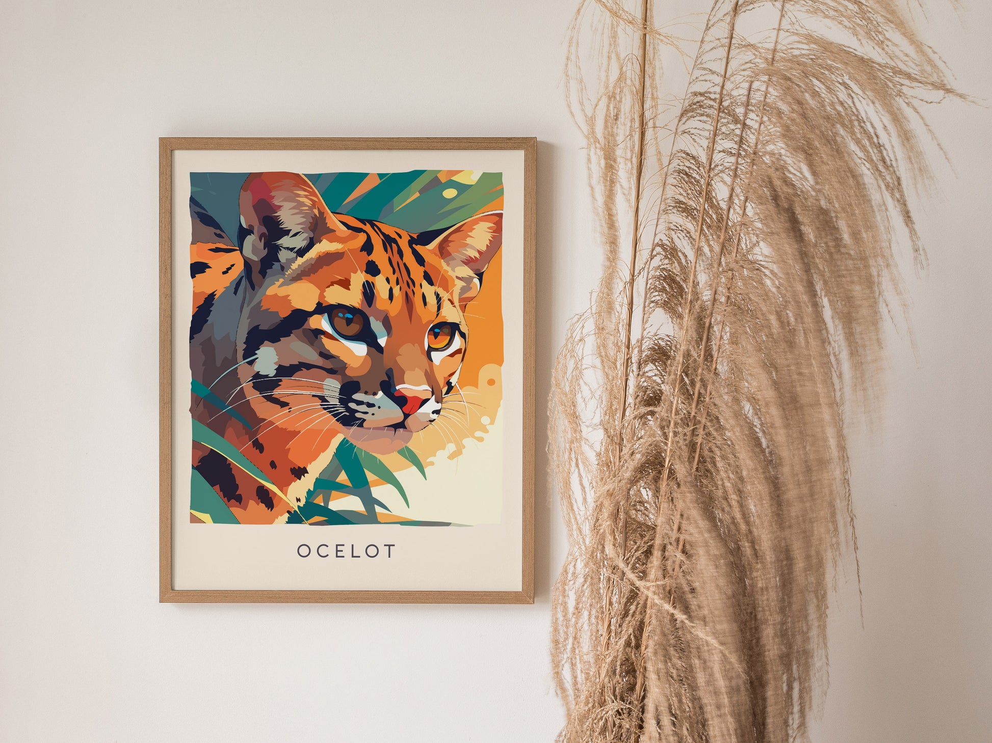 Ocelot, Leopardus Pardalis Poster | Wild Jungle Cat Nature Poster Wall Art — styled in a modern interior