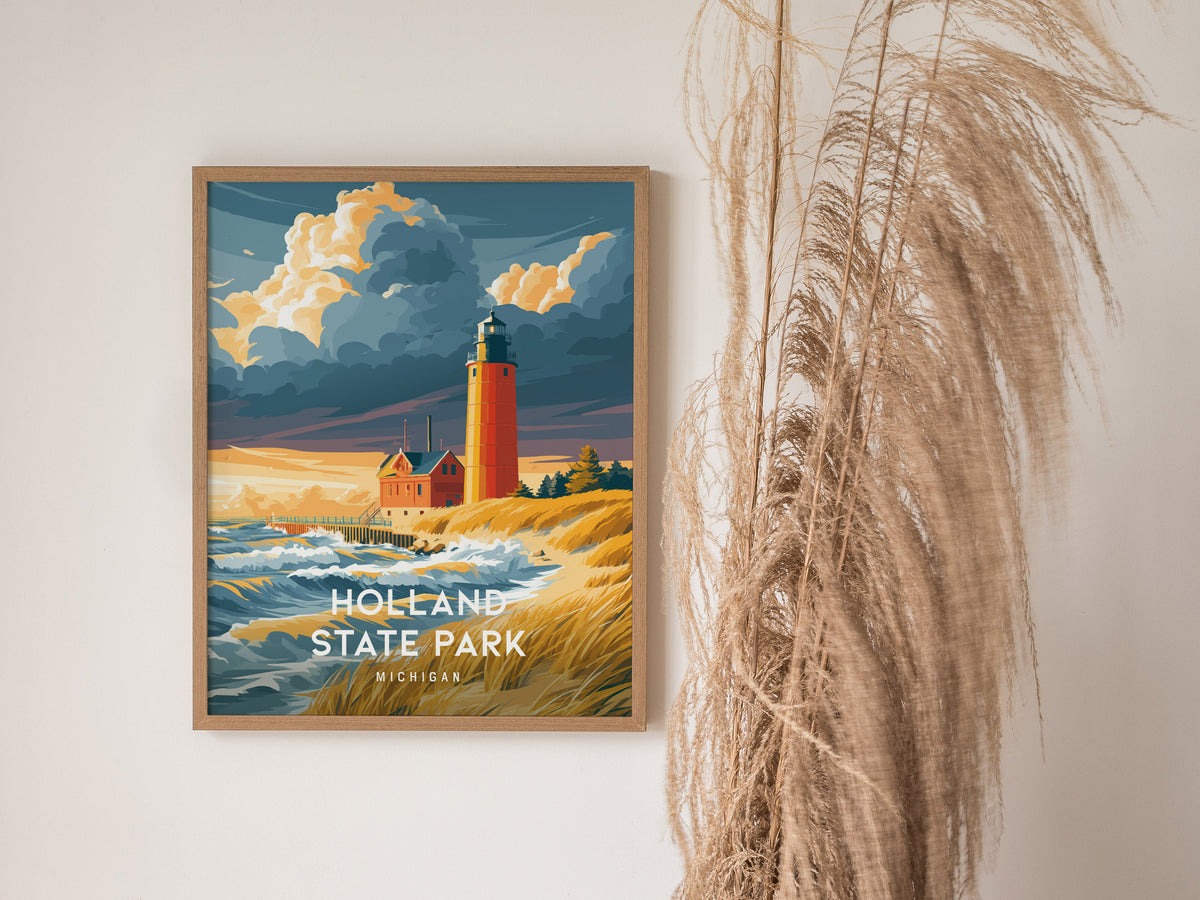 Holland State Park, Michigan Poster | Big Red Lighthouse Coastal Beach Decor Wall Art — styled in a modern interior
