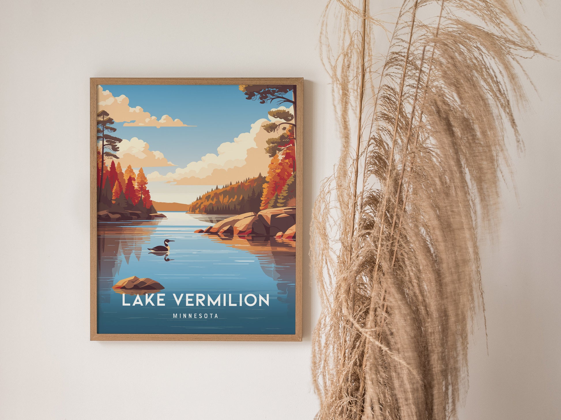 Lake Vermilion, Minnesota Poster | Northwoods Lake & Pine Forest Wall Art — styled in a modern interior