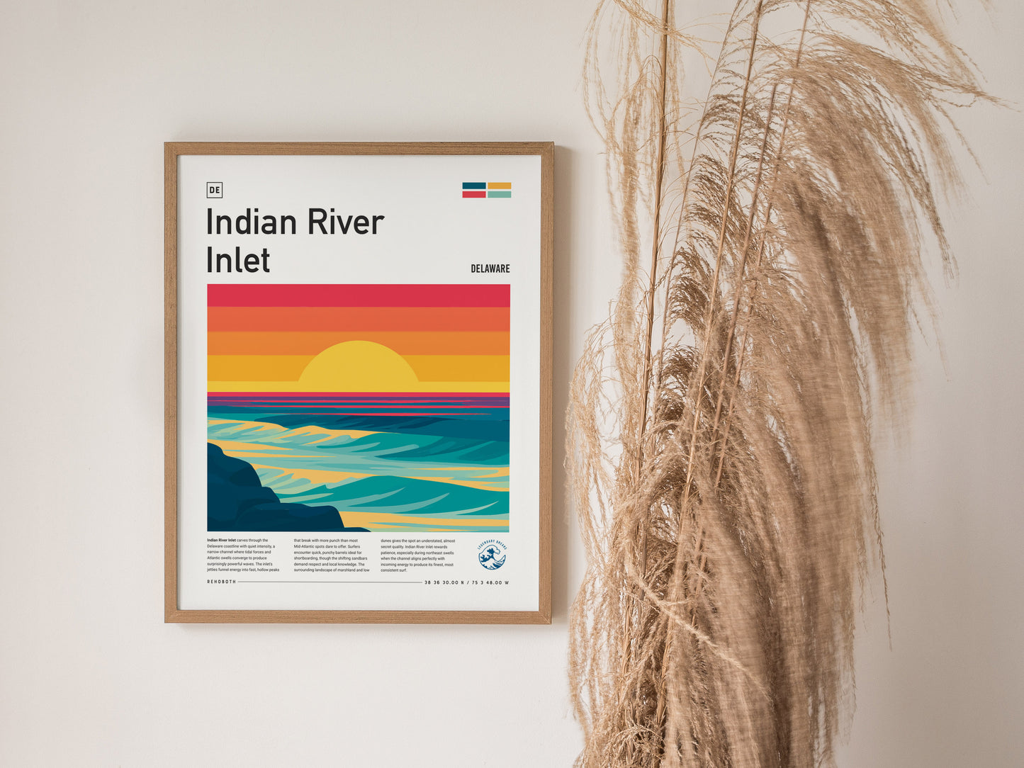 Indian River Inlet, Delaware Poster | Surf & Bridge Coastal Wall Art — styled in a modern interior