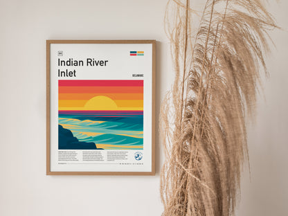 Indian River Inlet, Delaware Poster | Surf & Bridge Coastal Wall Art — styled in a modern interior