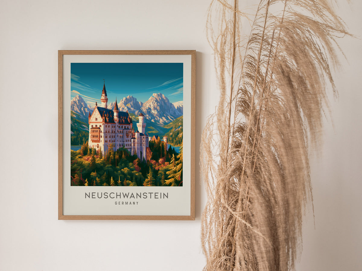 Neuschwanstein Matte Border Poster | Germany Destination Print Travel Wall Art — styled in a modern interior