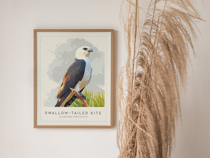 A framed poster of a swallow-tailed kite perched on a branch, showcasing its distinct black and white plumage and sharp beak. The background features a muted sky with soft clouds, complementing the elegant bird and surrounding greenery.