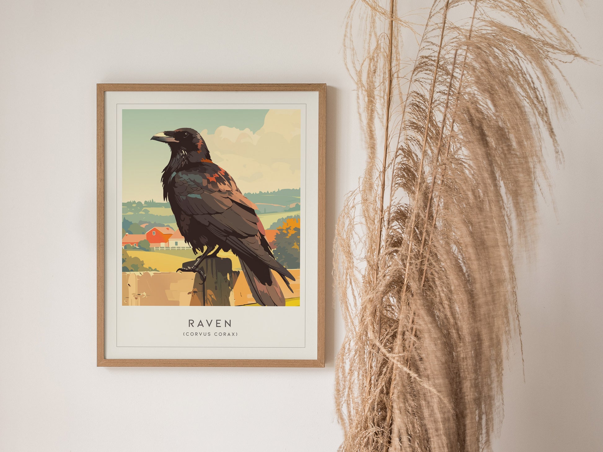 Framed pastoral raven art print featuring a dark raven on a wooden post, surrounded by earthy hills and a red barn, perfect for nature lovers.