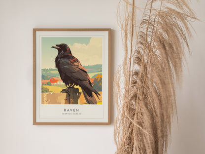 Framed pastoral raven art print featuring a dark raven on a wooden post, surrounded by earthy hills and a red barn, perfect for nature lovers.