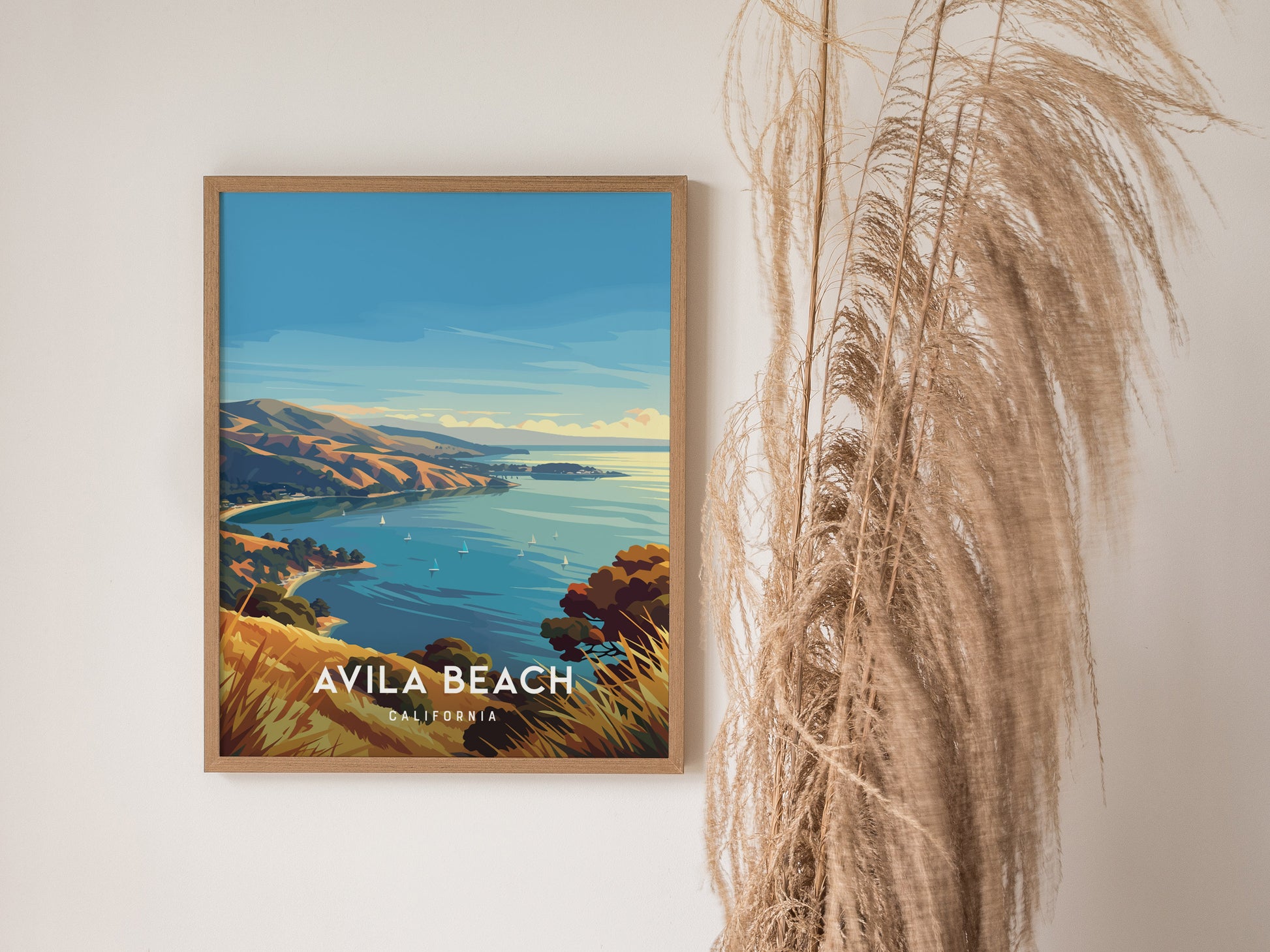Avila Beach, California Poster | Golden Shore & Pier Coastal Wall Art — styled in a modern interior