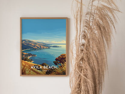 Avila Beach, California Poster | Golden Shore & Pier Coastal Wall Art — styled in a modern interior