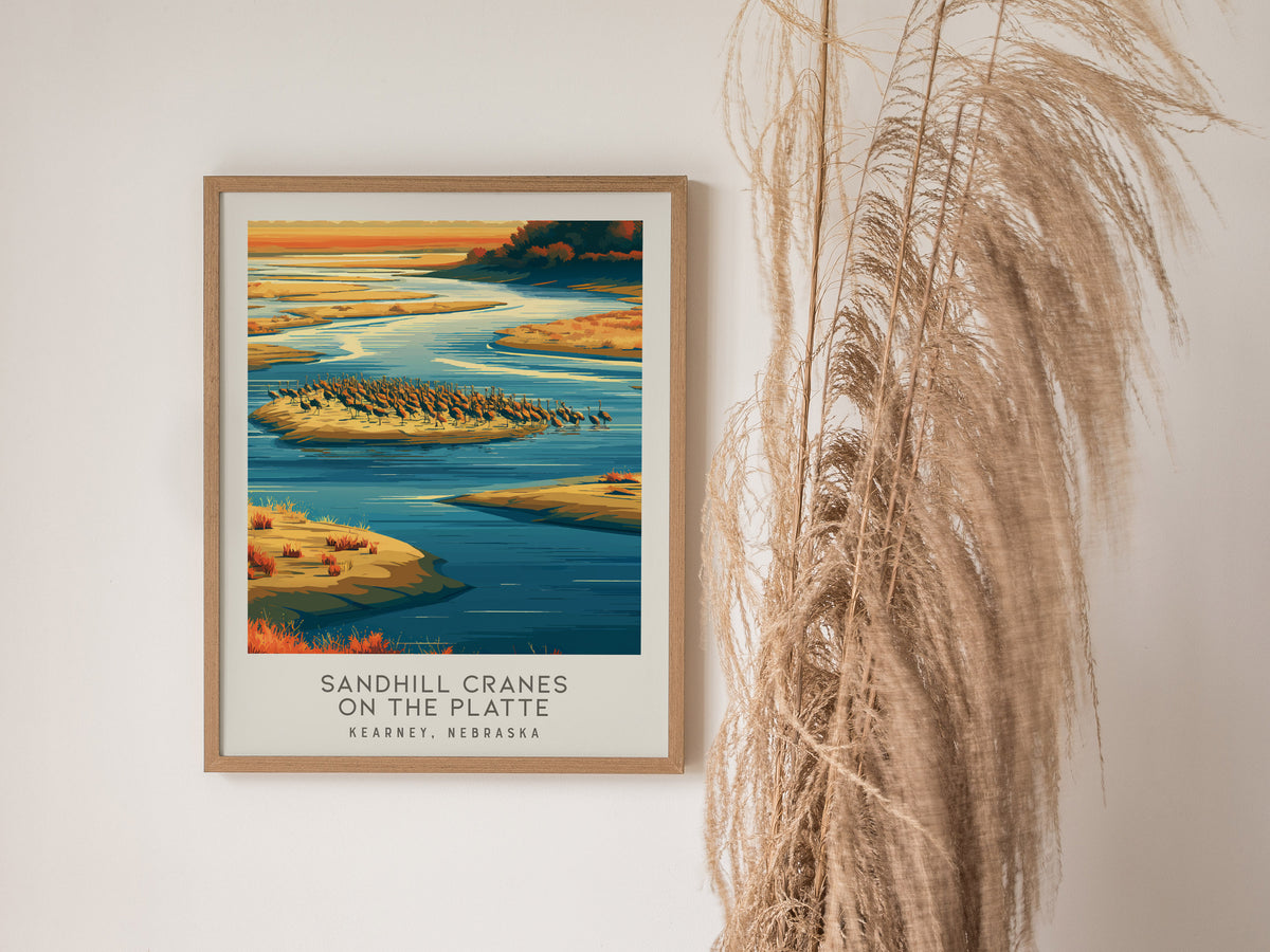 Sandhill Cranes on the Platte Matte Border Poster | Kearney, Nebraska Destination Print — styled in a modern interior